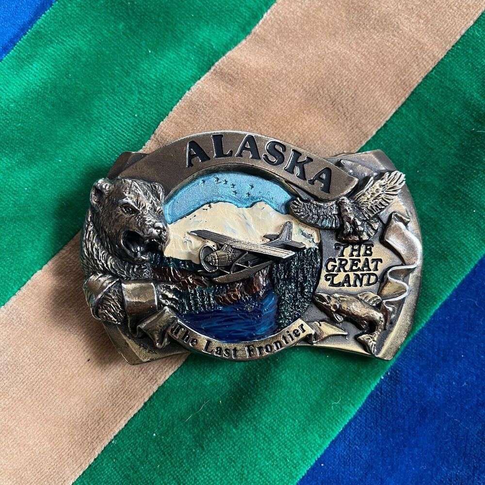 Vintage Alaska Brass Belt Buckle The Last Frontier 1986 Bear Plane Mountains